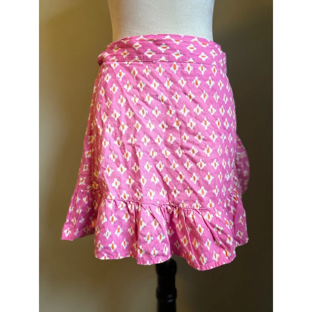 Aerie Pink Geometric Print Ruffle Wrap Mini Skirt  L boho y2k Flowy fairy linen